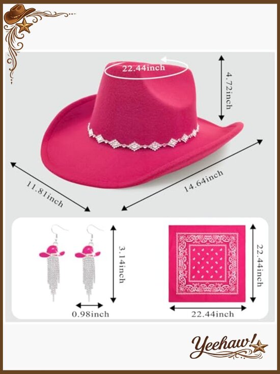 Wide Brim Cowboy Hat with Rhinestones, Bandana, and Tassel Earrings main image 5